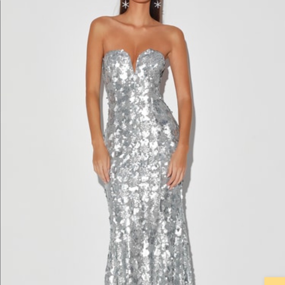 Ballroom Beauty Matte Silver Sequin Strapless Mermaid Maxi Dress